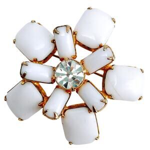 Vintage Mid Century Brooch Milk Glass Gold Tone Floral Pin 1950s
